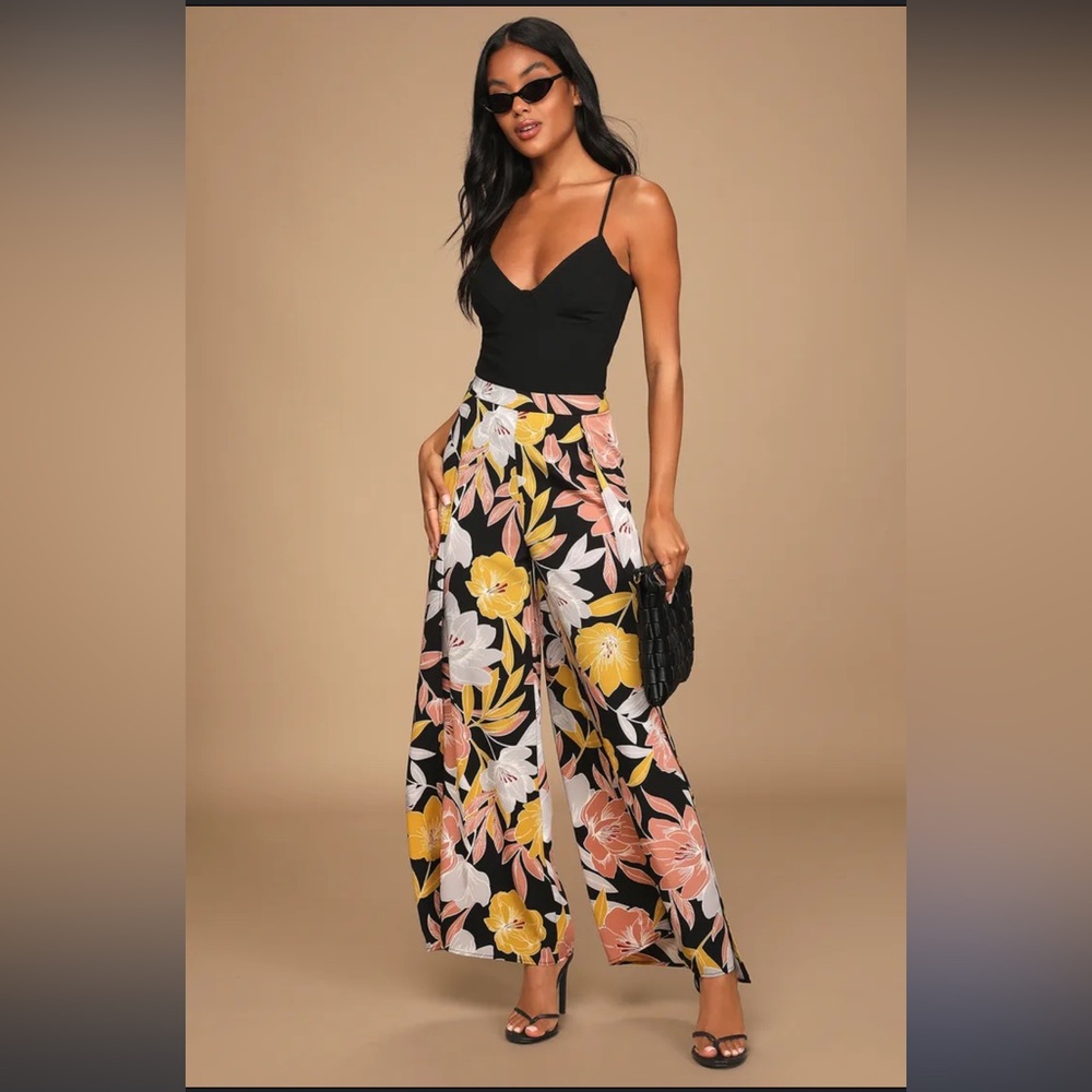 lulus Blissful Vacay Black Floral Print Side Slit Pants